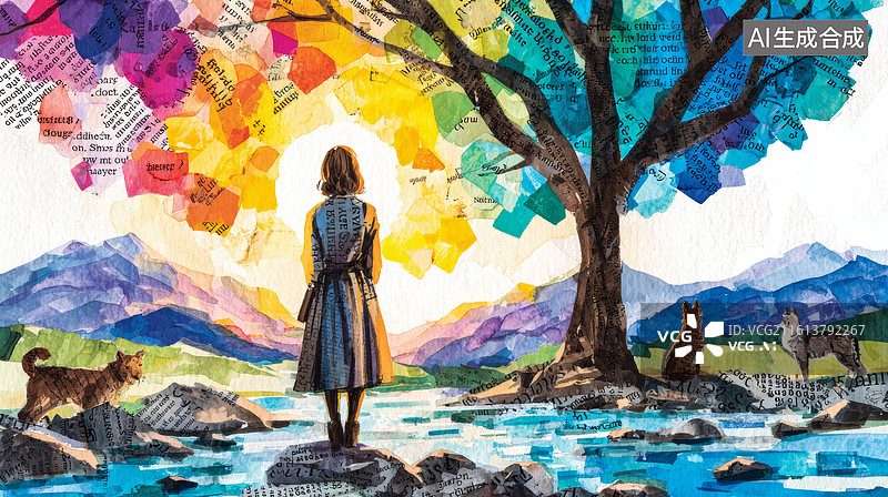 【AI数字艺术】背对的女子站在溪边树下图片素材