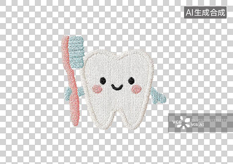 【AI数字艺术】刺绣风格一颗牙齿拿着牙刷图片素材