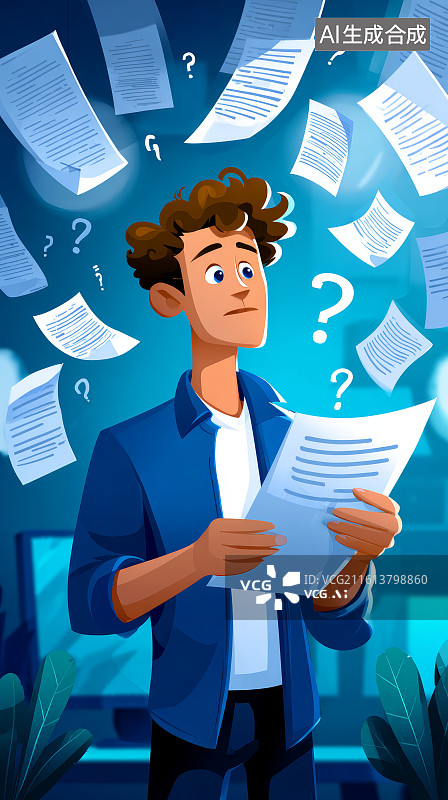 【AI数字艺术】被文件包围的思考者图片素材