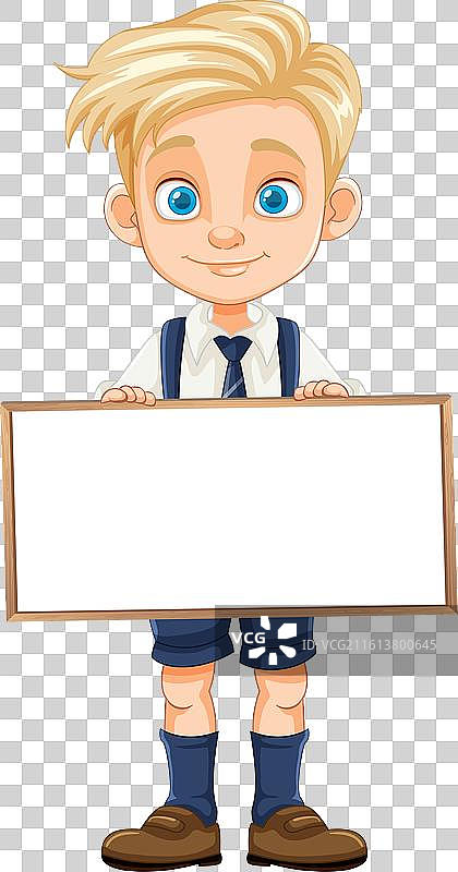 穿着制服的金色头发男孩，手里拿着一块空白牌子图片素材