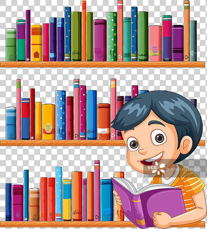 一个男孩在图书馆里读书图片素材