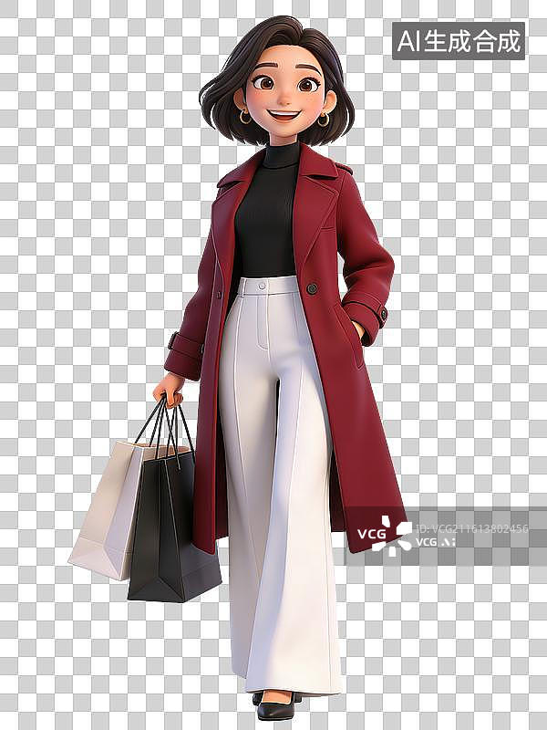 【AI数字艺术】年轻女性，面带微笑，手持购物袋，身穿红色大衣、黑色高领衫和白色长裤，搭配黑色平底鞋，时尚优雅图片素材