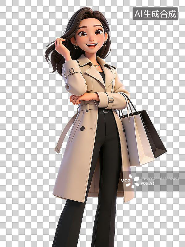 【AI数字艺术】年轻女性，面带微笑，手提购物袋，身穿米色风衣和黑色裤子，姿态自信，购物归来的都市白领图片素材