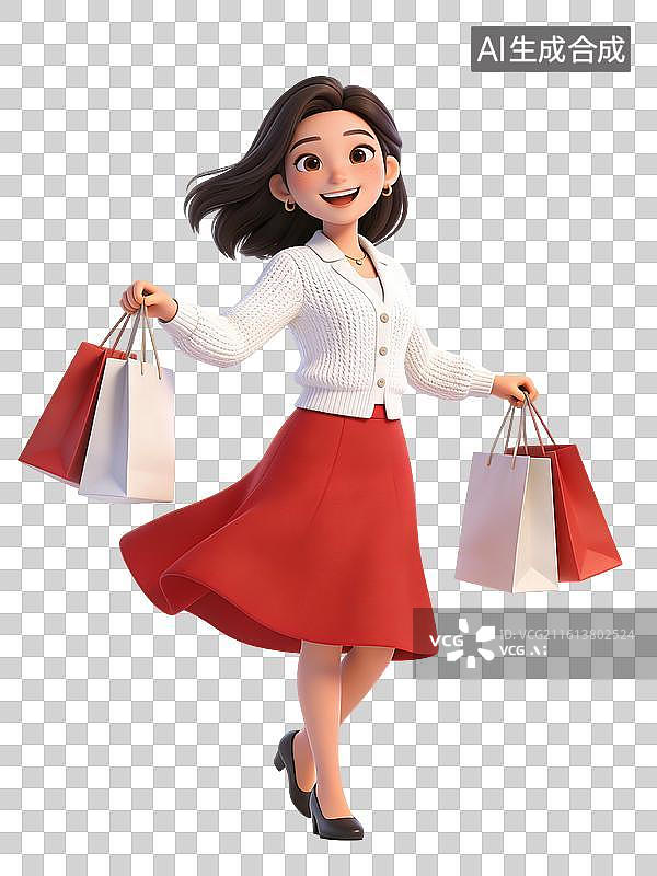 【AI数字艺术】年轻女性，面带微笑，手持购物袋，身穿白色开衫和红色裙子，脚踩黑色高跟鞋，姿态活泼，充满购物乐趣图片素材