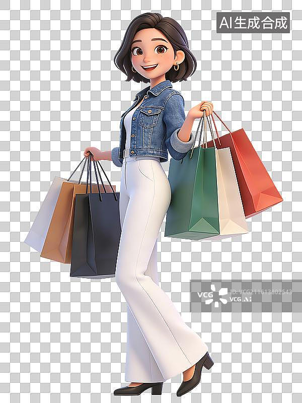 【AI数字艺术】年轻女性，面带微笑，手持购物袋，穿着牛仔夹克和白色长裤，搭配黑色高跟鞋，展现时尚购物形象图片素材