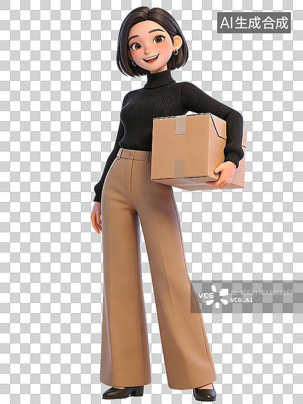 【AI数字艺术】年轻女性，面带微笑，手持快递纸箱，站立姿势，穿着黑色高领毛衣和棕色长裤，搭配黑色高跟鞋，是职场人士图片素材