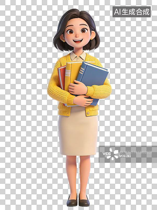 【AI数字艺术】一位年轻女性，面带微笑，双手抱书，穿着黄色毛衣和米色裙子，黑色平底鞋，是班主任或学生图片素材