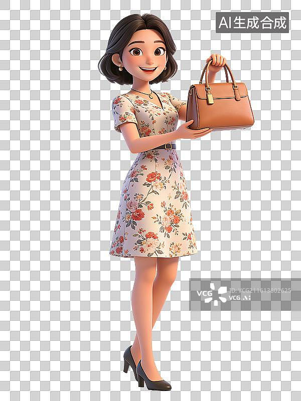【AI数字艺术】年轻女性，面带微笑，手持棕色手提包，身穿花卉图案连衣裙和黑色高跟鞋，姿态优雅，为职场女性图片素材
