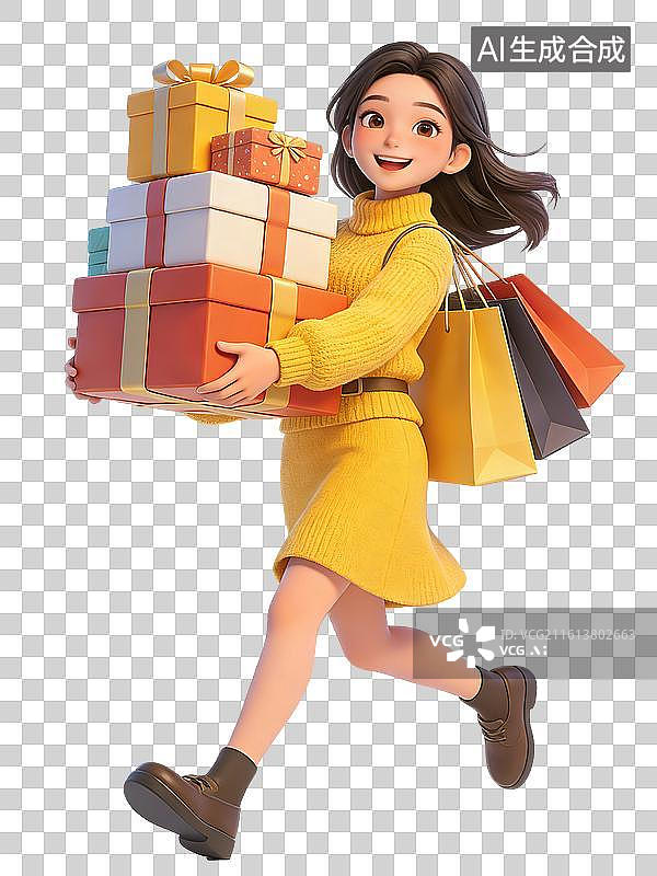 【AI数字艺术】年轻女性，笑容满面，身穿黄色毛衣和裙子，手持礼物盒和购物袋，步伐轻快，购物归来图片素材
