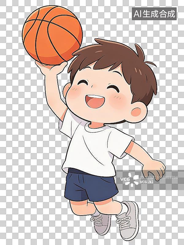 【AI数字艺术】3D渲染免抠图形元素正在打篮球的Q版卡通男孩，校园体育主题活力童趣运动儿童形象图片素材
