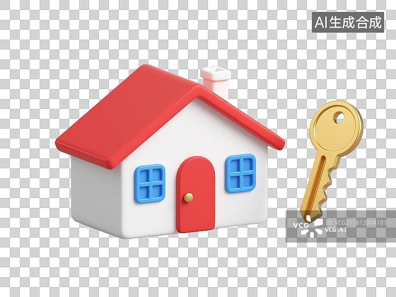 【AI数字艺术】3D渲染免抠图形元素红色卡通房屋模型和金色金属钥匙图片素材