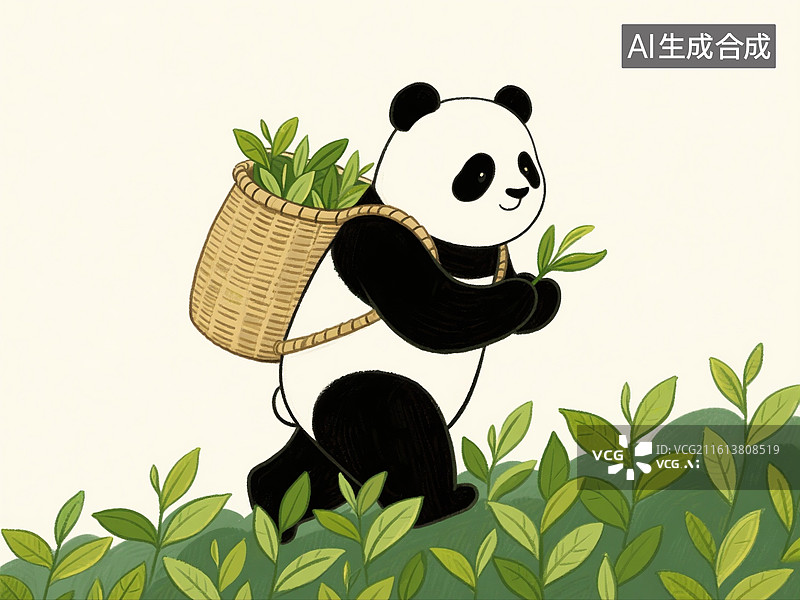 【AI数字艺术】中国风卡通动物，采茶姑的大熊猫，国宝，茶园，茶山，茶叶，春茶，茶文化，女性，传统文化图片素材