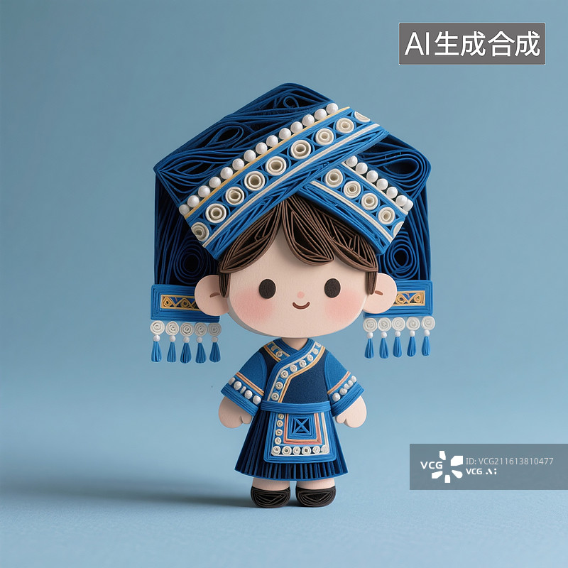 【AI数字艺术】3D渲染，衍纸风格卡通人物，穿壮族服饰的小美女，壮族，少数民族，传统文化，三月三，唱山歌图片素材