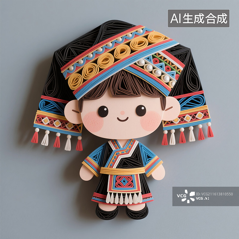 【AI数字艺术】3D渲染，衍纸风格卡通人物，穿壮族服饰的小美女，壮族，少数民族，传统文化，三月三，唱山歌图片素材