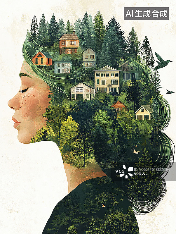 【AI数字艺术】绿色家园与女孩剪影图片素材