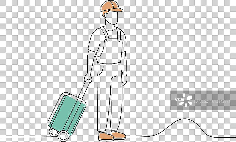 工人携行李涂鸦，连续线条艺术图片素材