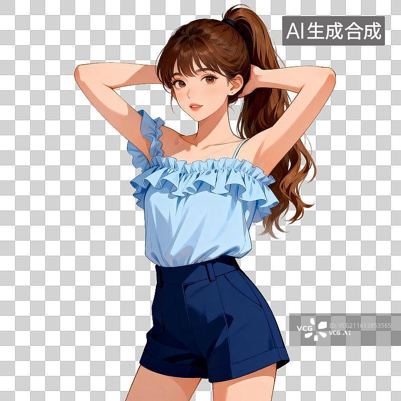 【AI数字艺术】[免抠PNG素材]年轻亚洲女性夏日休闲穿搭图片素材