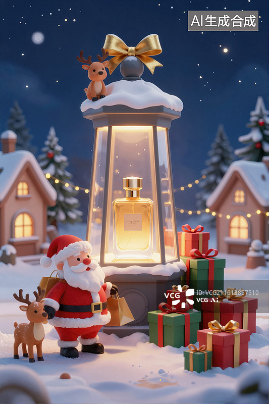 【AI数字艺术】圣诞夜雪景中的温馨节日场景图片素材