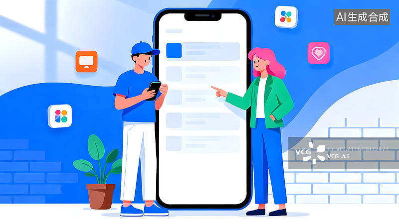 【AI数字艺术】两人在手机界面前互动图片素材
