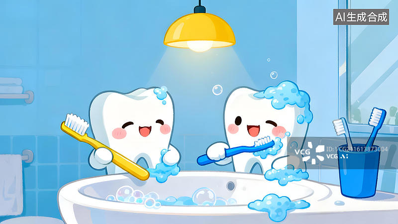 【AI数字艺术】卡通牙齿刷牙场景图片素材