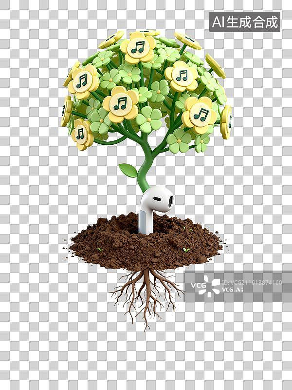 【AI数字艺术】耳机扎进土，长出一丛带旋律的花 3月爱耳日主题创意插画元素图片素材