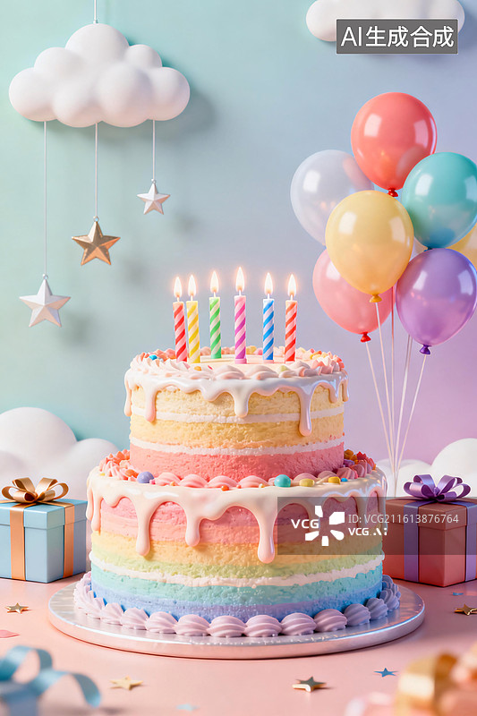 【AI数字艺术】生日蛋糕与气球礼物梦幻生日派对场景布置图片素材