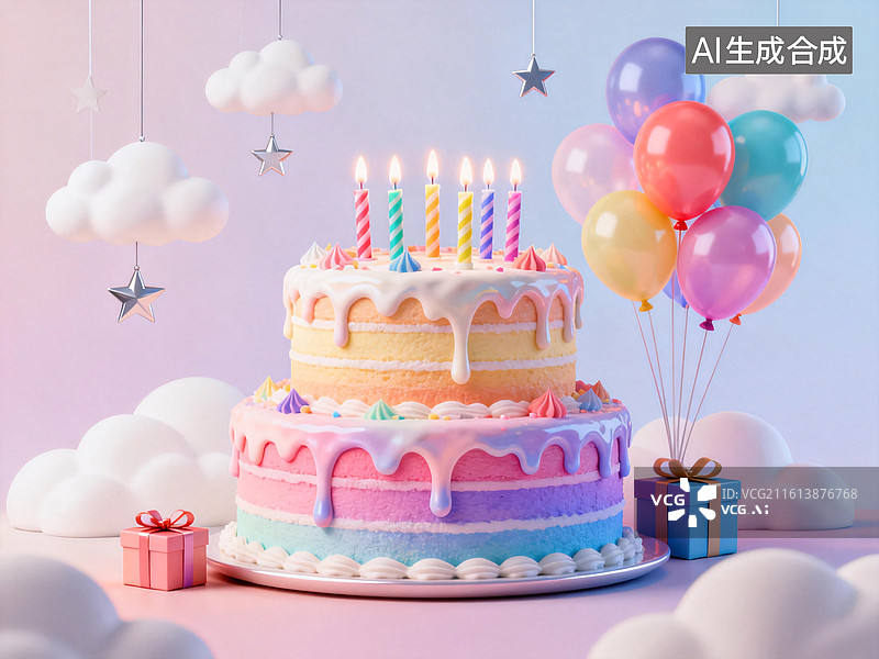 【AI数字艺术】生日蛋糕与气球礼物梦幻生日派对场景布置图片素材