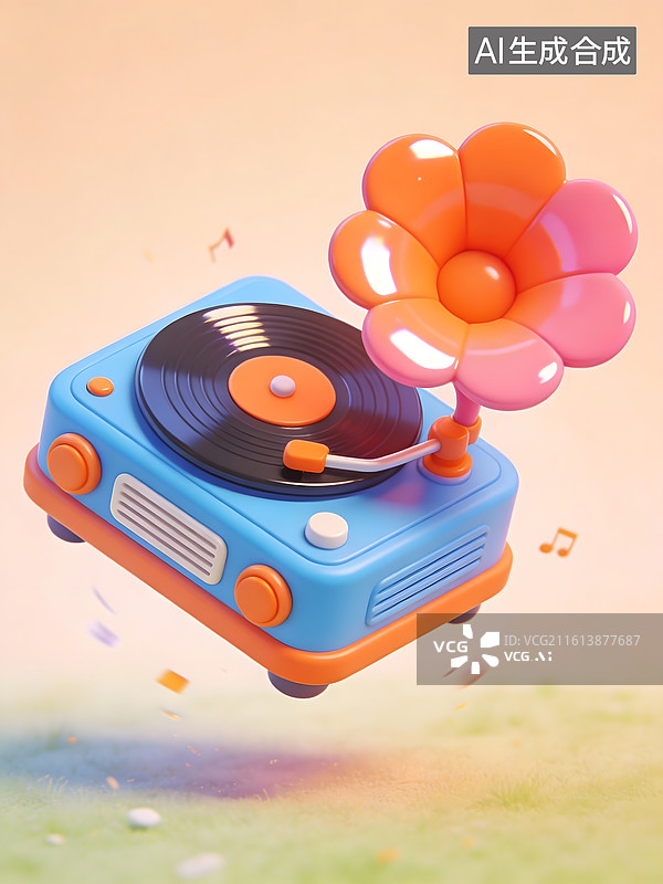 【AI数字艺术】彩色花朵唱机悬浮空中图片素材