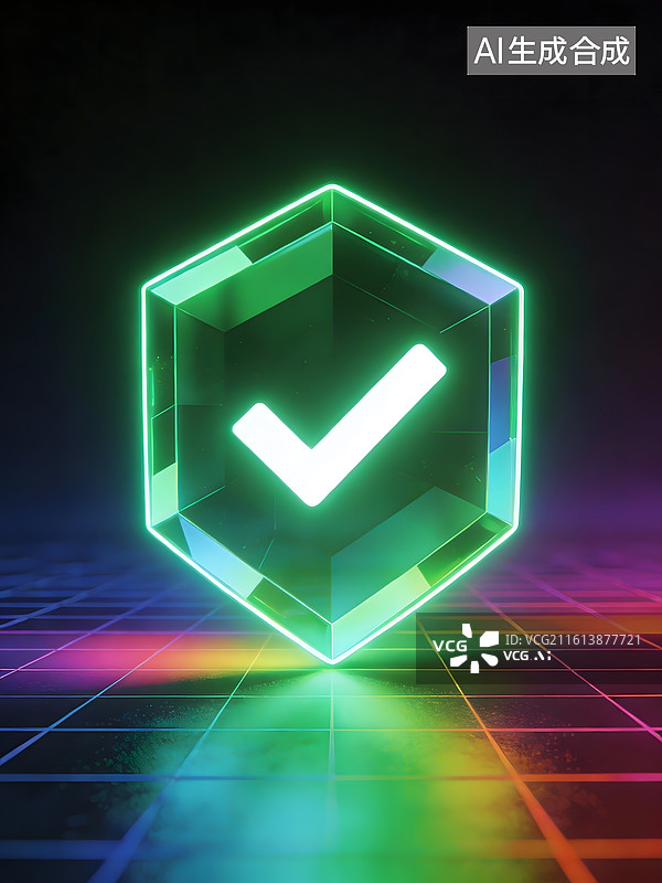 【AI数字艺术】霓虹六边形盾牌与网格背景图片素材