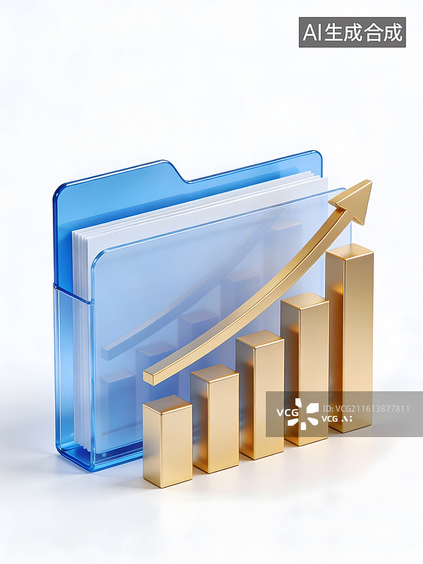 【AI数字艺术】蓝色文件夹与金色增长柱状图图片素材