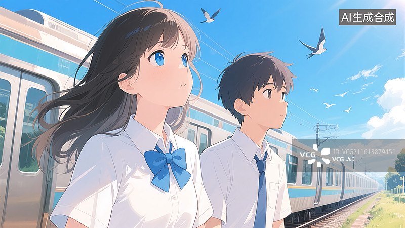 【AI数字艺术】乘坐地铁的动漫二次元情侣插画图片素材