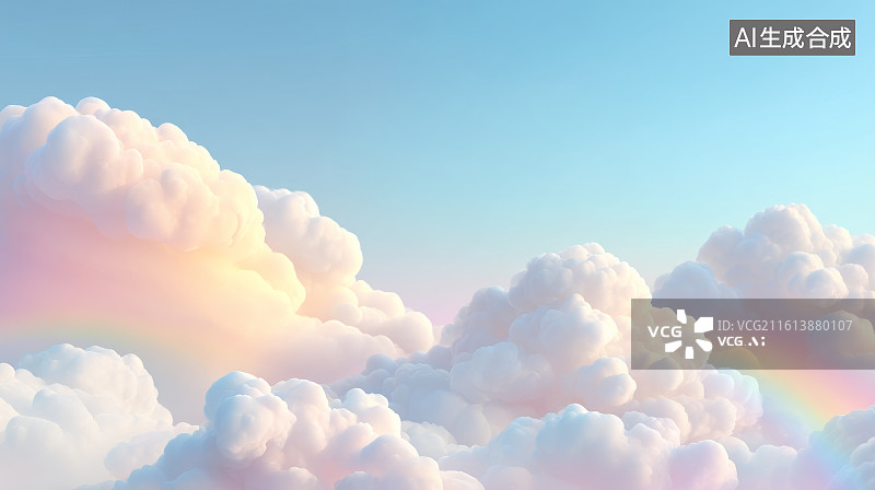 【AI数字艺术】柔和粉彩云层上空出现的双重彩虹3D渲染图图片素材