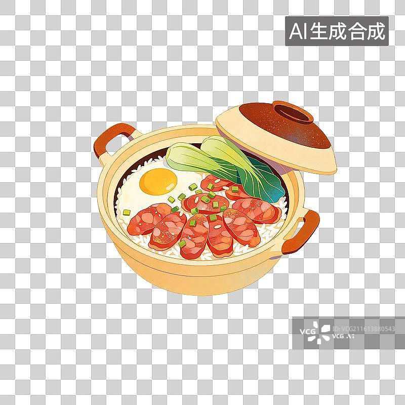 【AI数字艺术】一锅腊肠煲仔饭美食插画图片素材