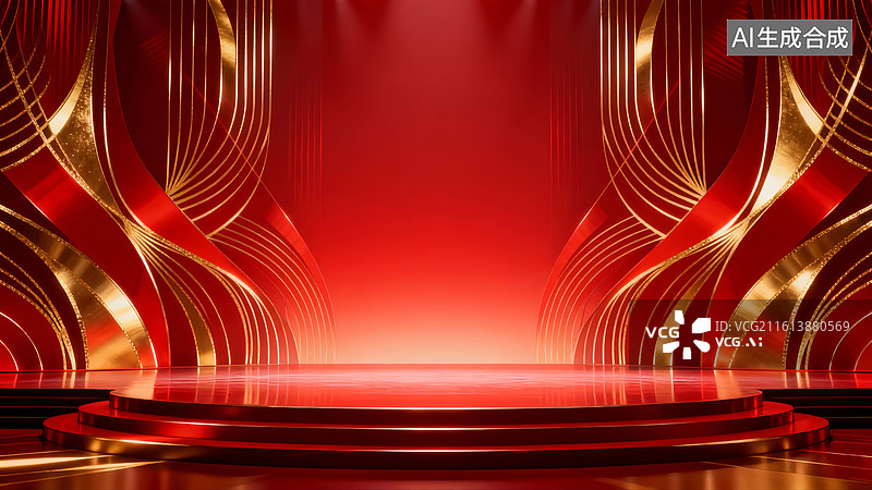 【AI数字艺术】红色金色舞台背景图片素材