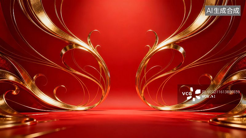 【AI数字艺术】红色背景上的金色装饰图案图片素材