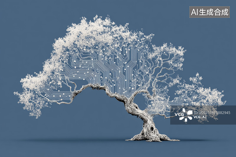 【AI数字艺术】蓝色背景下由白色电路板纹理构成的科技树概念图图片素材