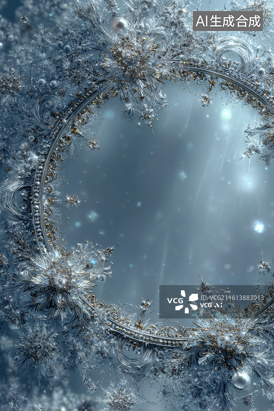 【AI数字艺术】带有华丽金色与冰霜雪花纹理的蓝色魔法边框背景图片素材