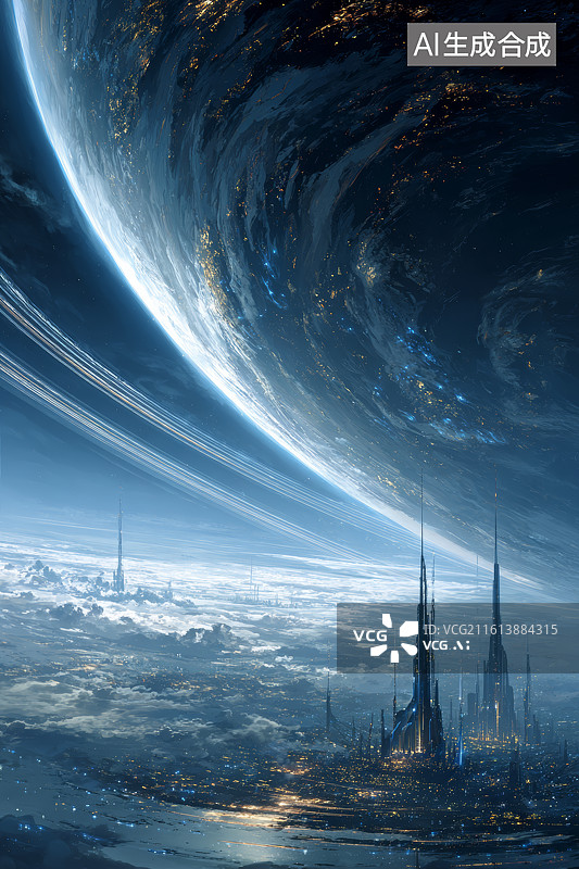 【AI数字艺术】巨大行星光环下矗立着尖塔建筑的异星科幻风景图片素材