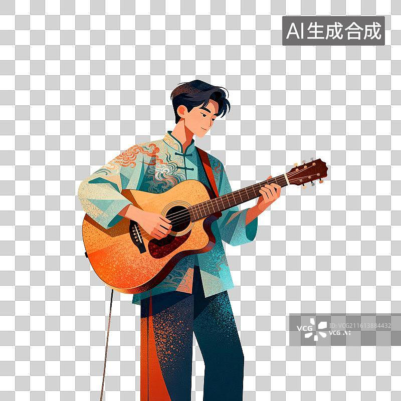 【AI数字艺术】弹吉他的男生插画图片素材