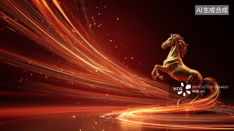 【AI数字艺术】红色背景下伴随金色光线漩涡奔跑的金属金马图片素材