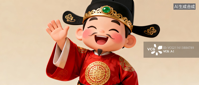【AI数字艺术】卡通人物穿红袍戴官帽挥手图片素材