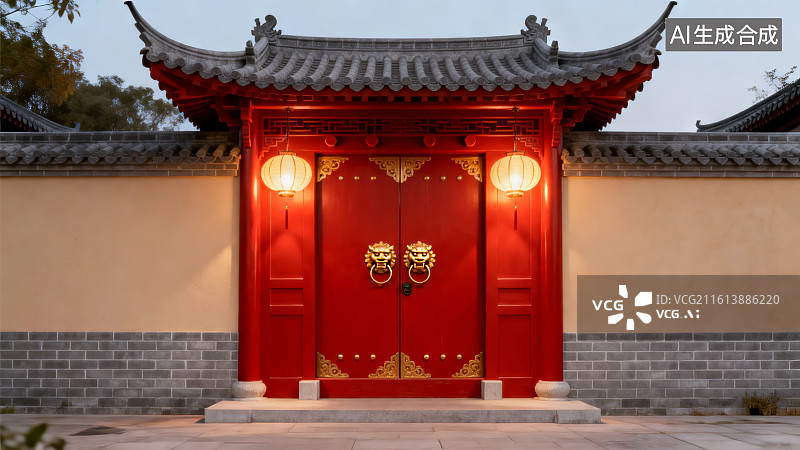【AI数字艺术】中式红色大门夜景图片图片素材