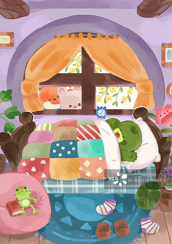 卡通春季室内动物起床可爱儿童插画图片素材