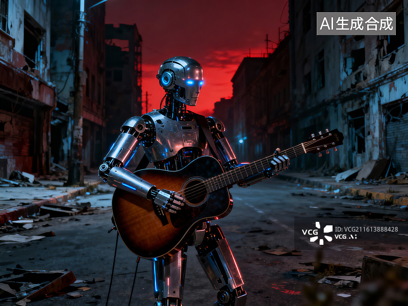 【AI数字艺术】机器人在废土城市街头表演图片素材