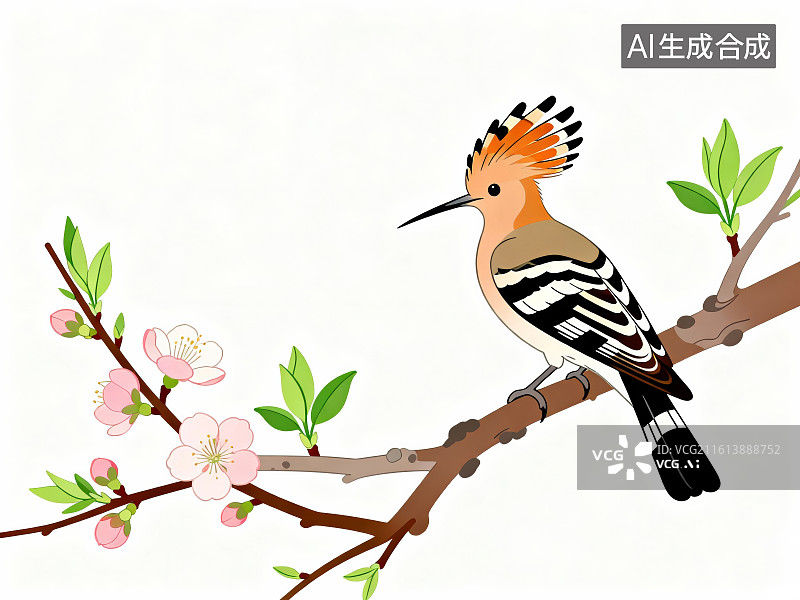【AI数字艺术】戴胜鸟栖息在开花的树枝上图片素材