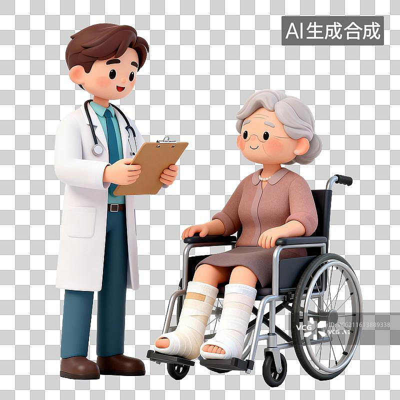 【AI数字艺术】医生叮嘱打石膏坐着轮椅的老人图片素材