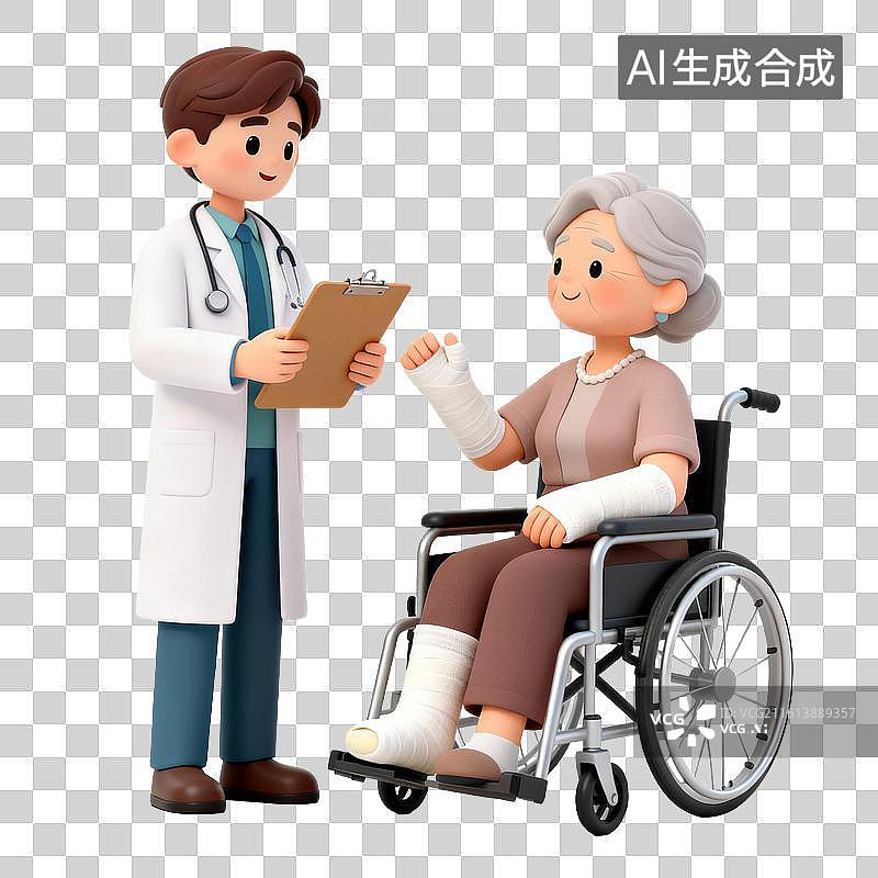 【AI数字艺术】医生叮嘱打石膏坐着轮椅的老人图片素材
