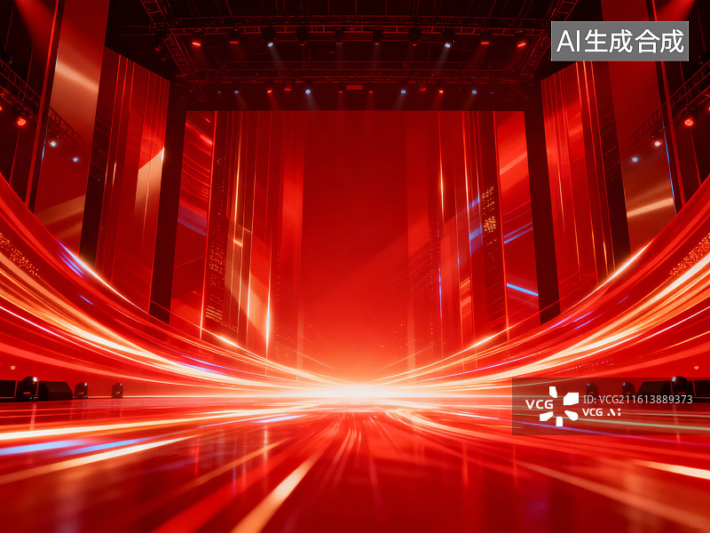 【AI数字艺术】红色动感舞台与光轨图片素材