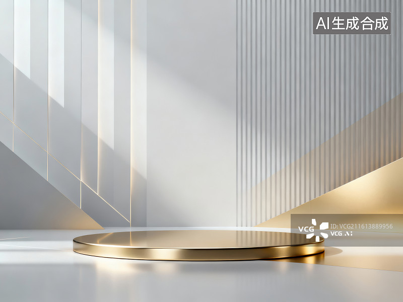 【AI数字艺术】极简金色展示台与几何背景图片素材