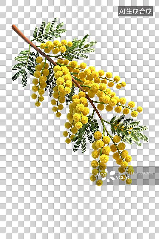 【AI数字艺术】黄色含羞草花枝与绿叶图片素材